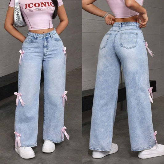 Bowknot Collage Washed Jeans Loose Straight-leg Wide-leg Pants