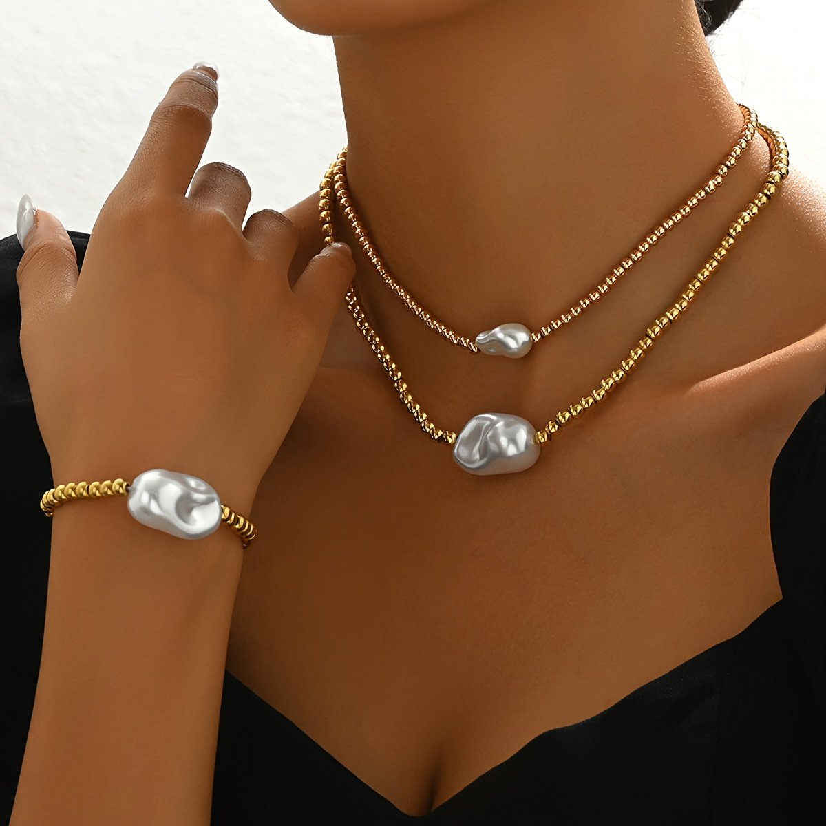 14K Golden Beaded Pearl  Necklace And Bracelet Set