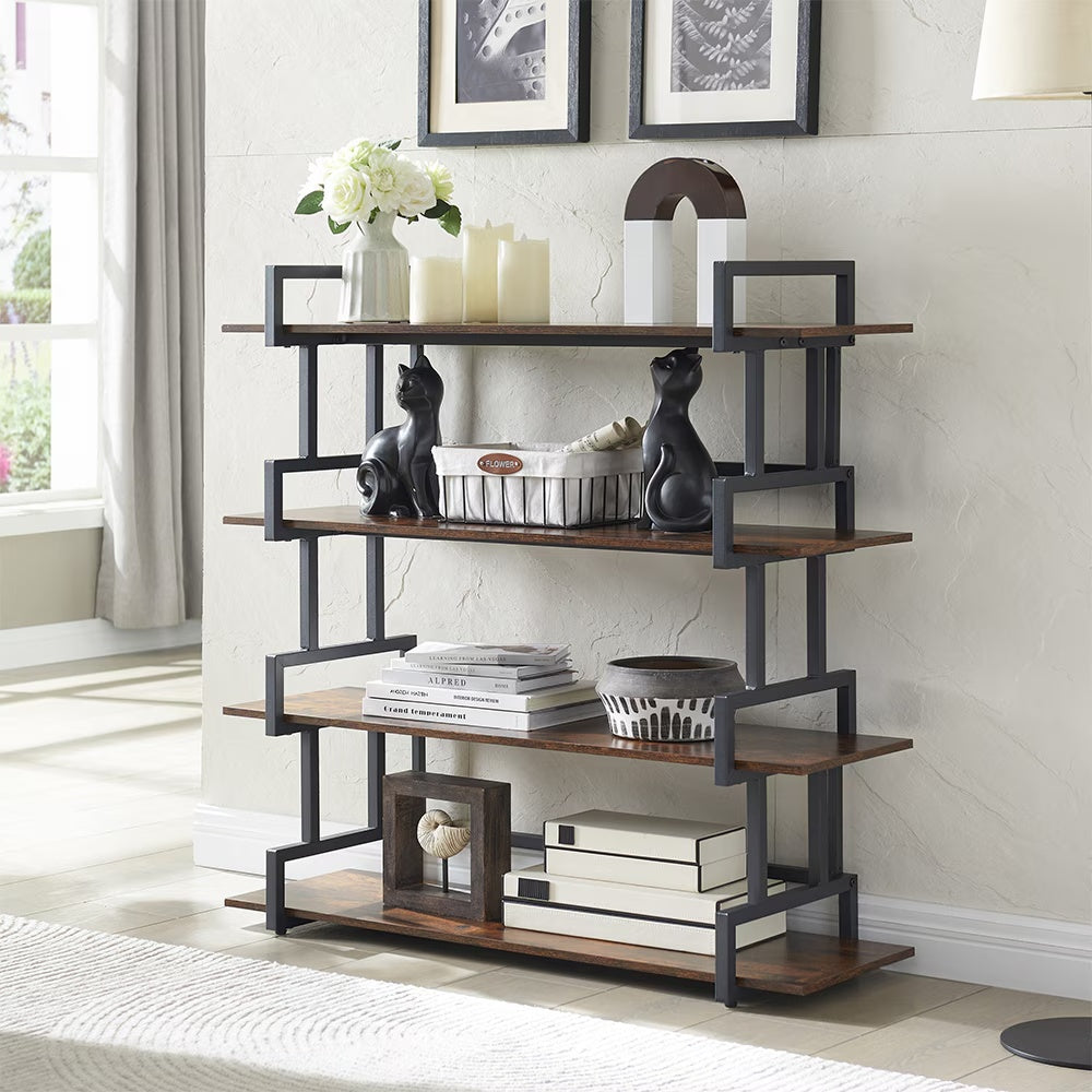 Industrial 4 Tier Bookshelf,Metal And Wood Bookcase