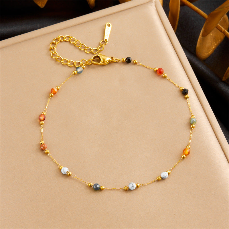 Colored Beaded Stone Stainless Steel Chain Anklet