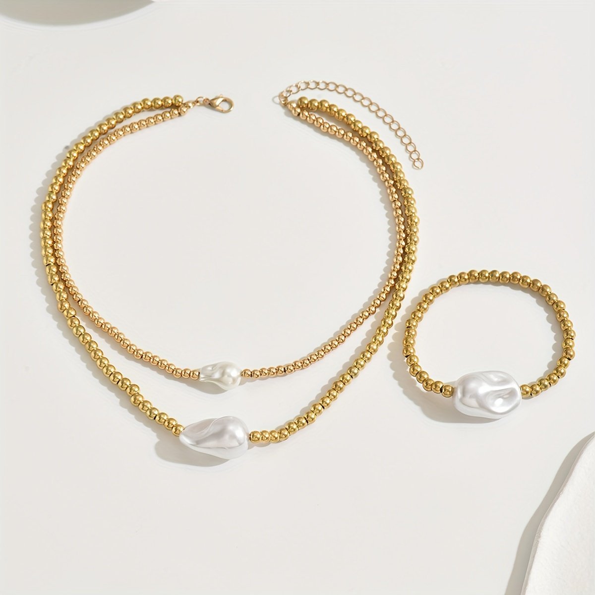 14K Golden Beaded Pearl  Necklace And Bracelet Set