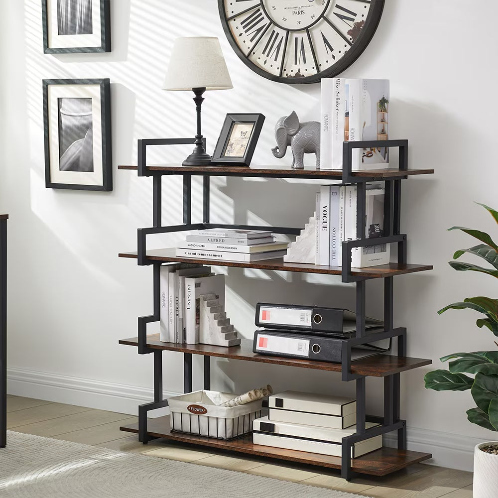 Industrial 4 Tier Bookshelf,Metal And Wood Bookcase